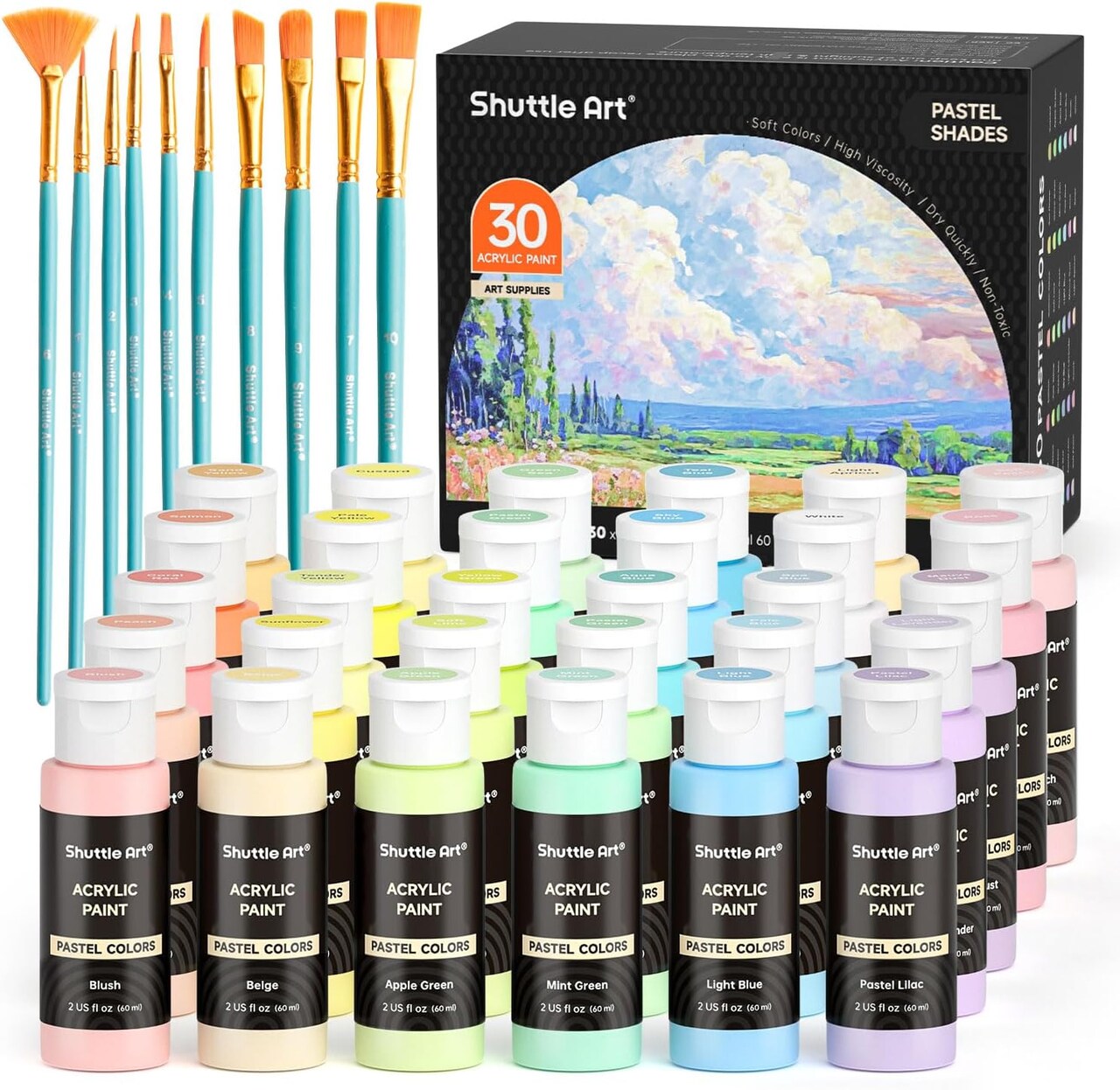 40 Pack Pastel Acrylic Paint Set, 30 Colors, 60ml/2oz Bottles, High Viscosity, Water-proof With 10 Paint Brushes for Painting &Crafting on Canvas, Rock, Ceramic, Fabric, Clay